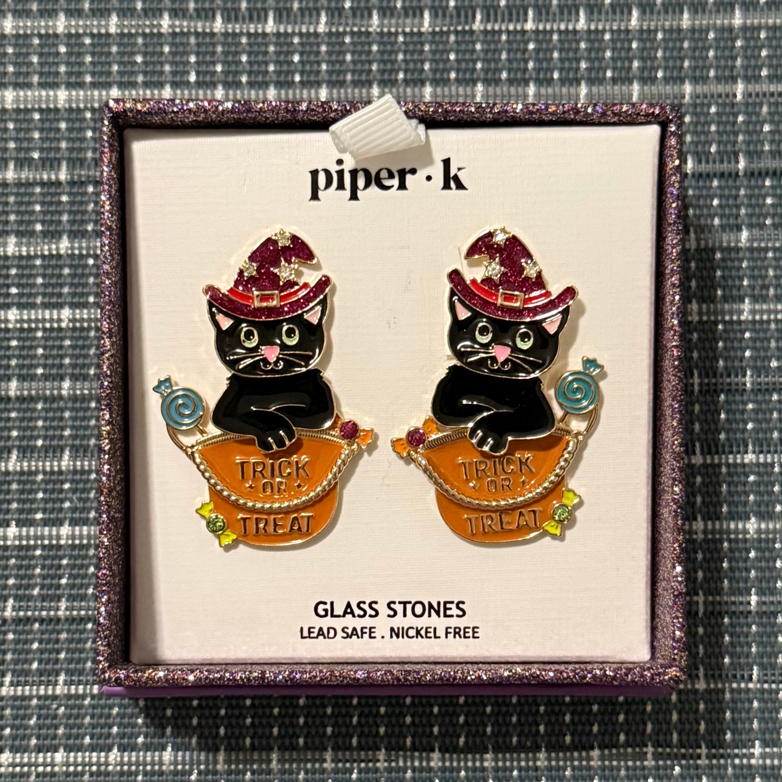 New | Piper K | Stylish Glass Stone Trick Or Treat Black Cat Earrings